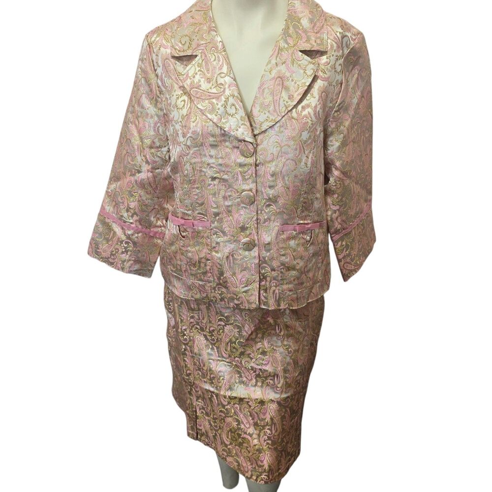 Robert Louis Silk Blend Paisley Skirt Suit Set Pink Gold Brocade 14 XL